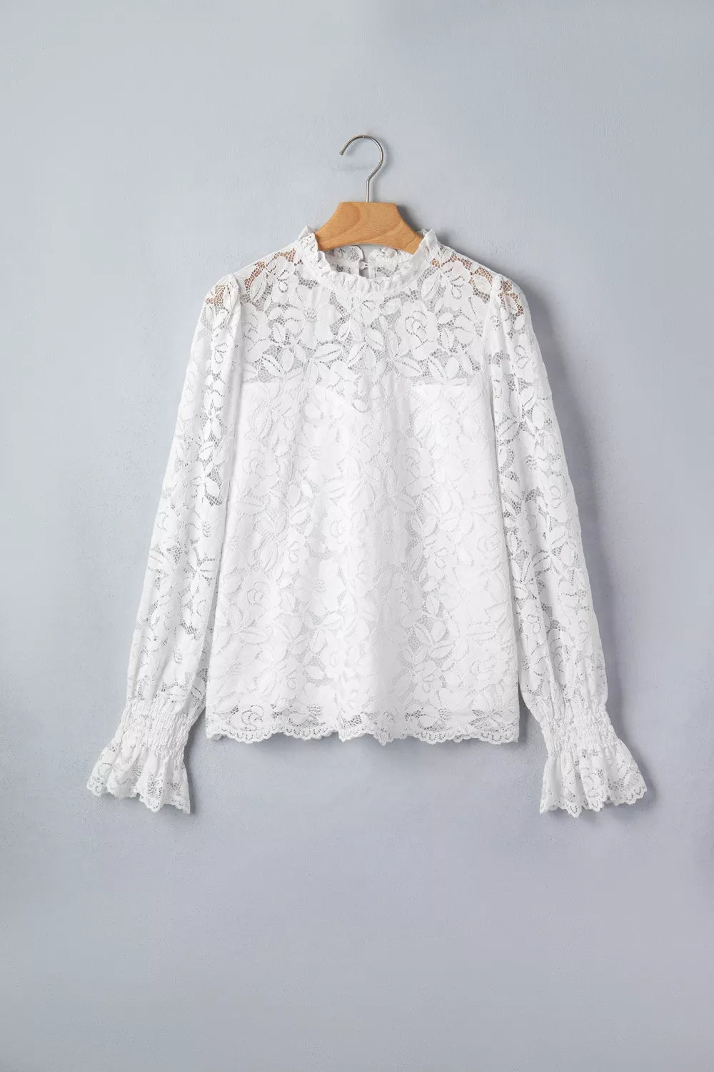 Ruffled Round Neck Long Flounce Sleeve Sheer Lace Blouse
