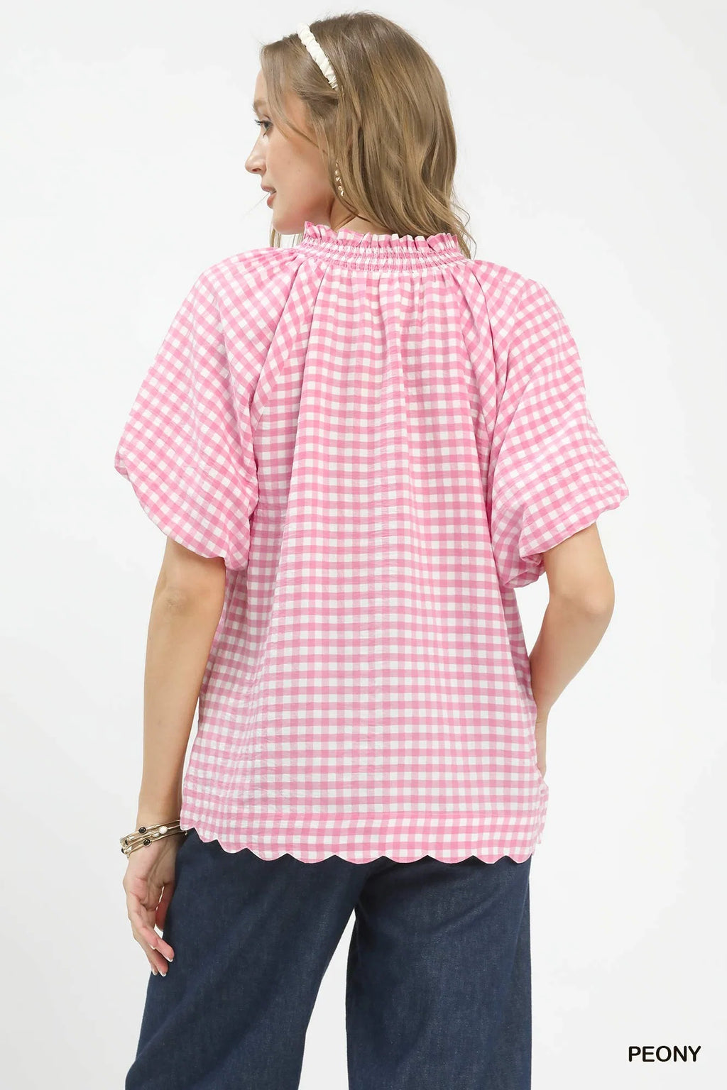 Umgee Gingham Bubble Sleeve Blouse with Scallop Hem