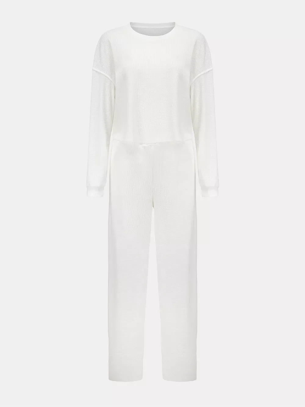 Waffle-Knit Round Neck Top and Pants Set