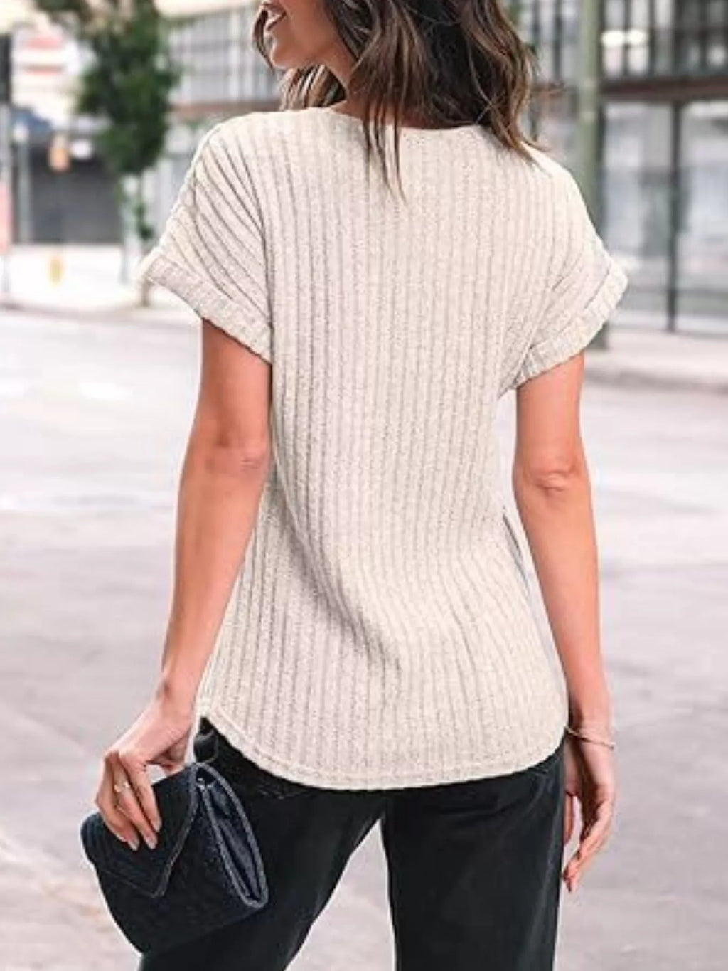 Casual Ribbed Knit Short Sleeve T-Shirt