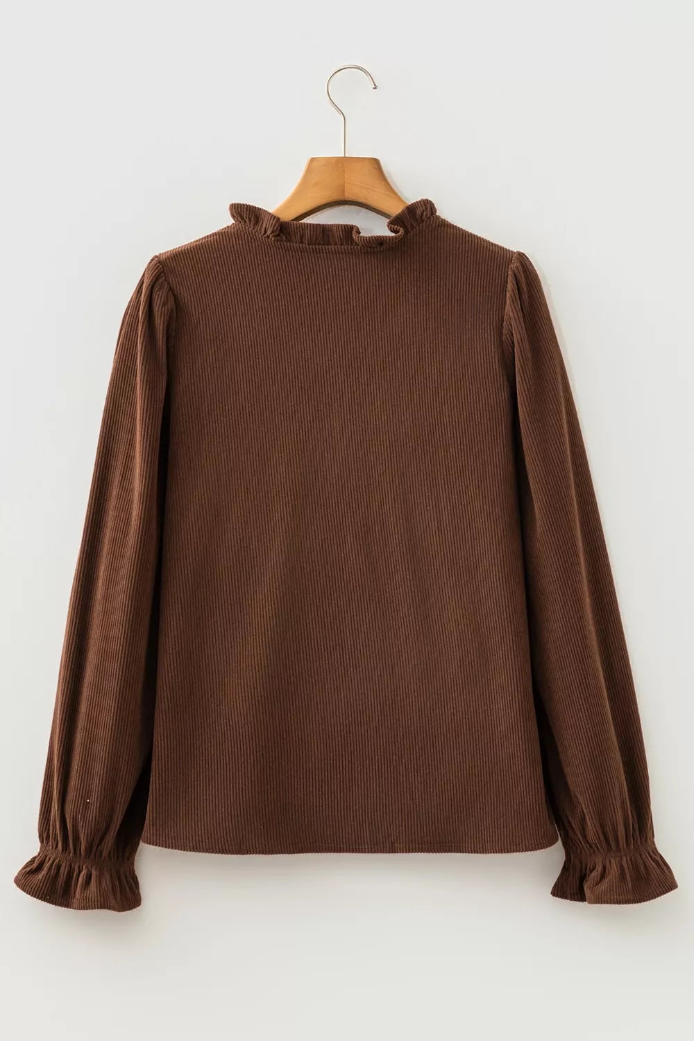 Solid Color Ruffle Trim V Neck Long Sleeve Button Corduroy Shakcet