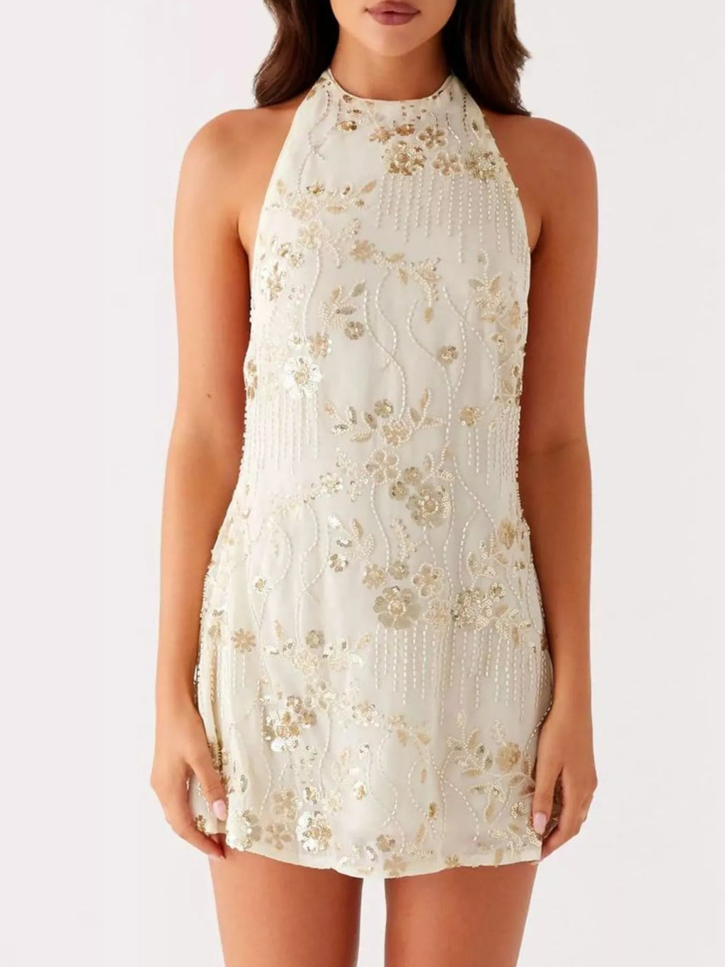 Sequin Beaded Halter Neck Dress