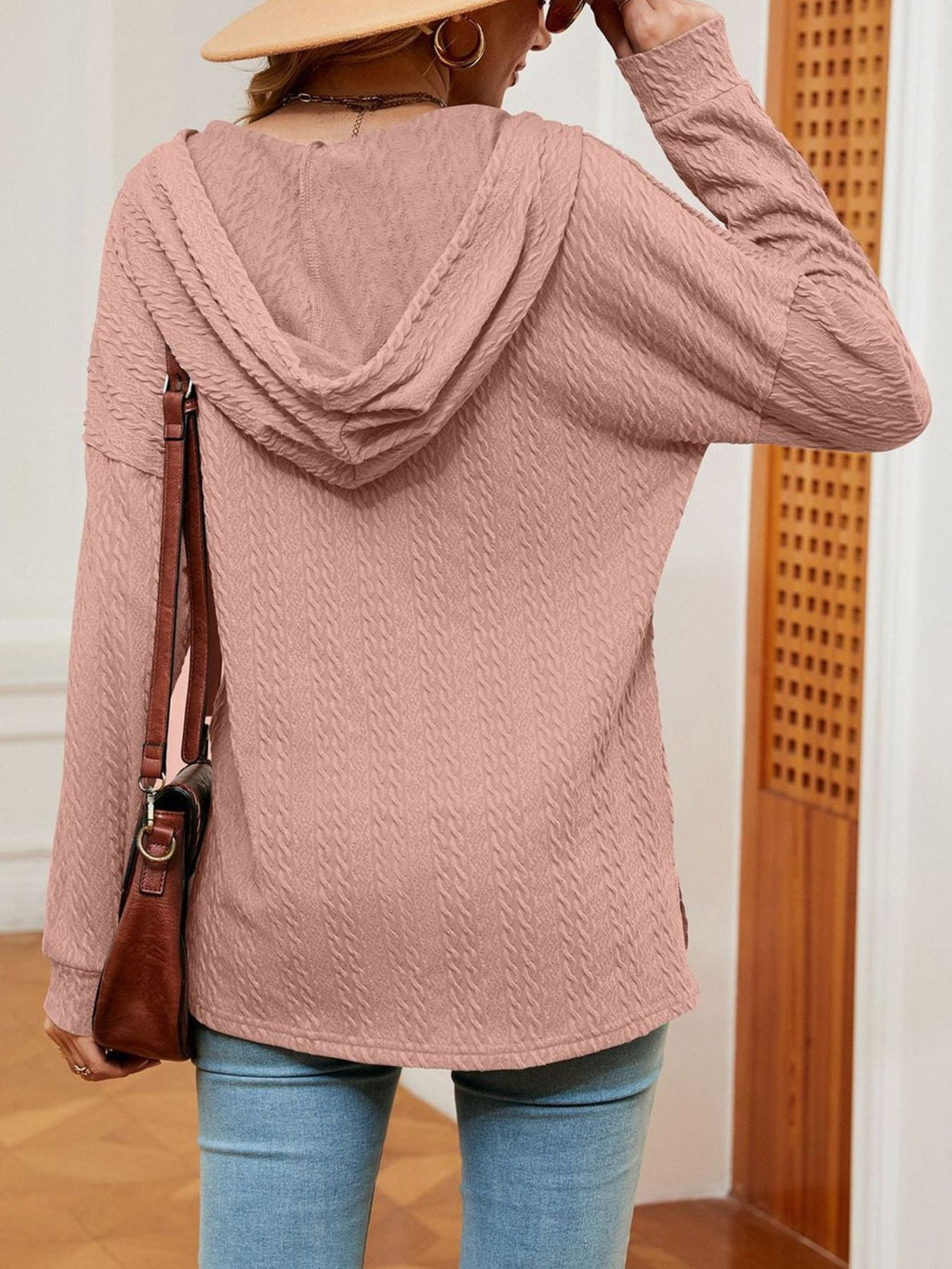 Textured Knit Button Detail Hoodie