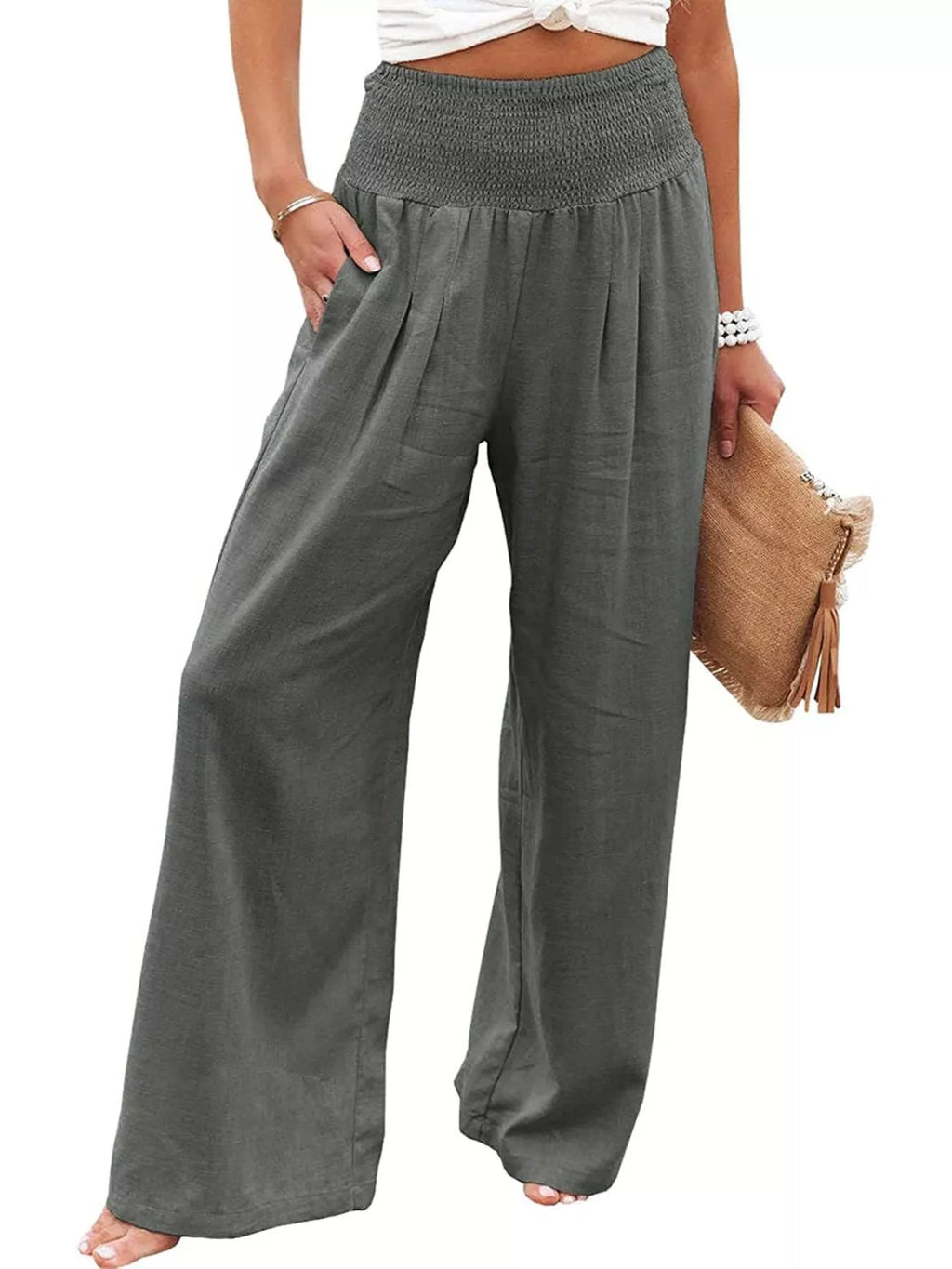 Smocked High Waisted Wide Leg Pants