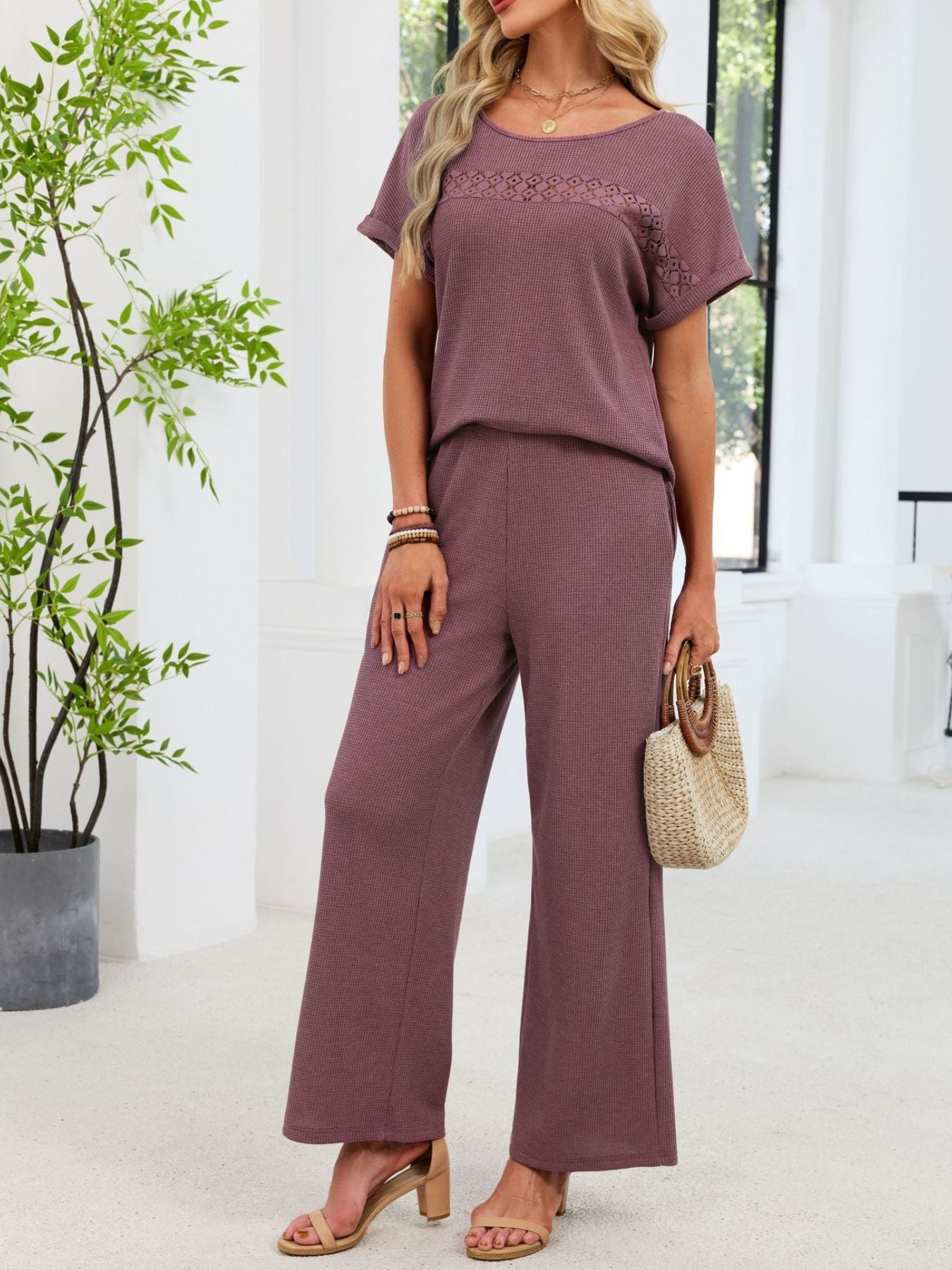 Lace Detail Short Sleeve Top and Pants Set