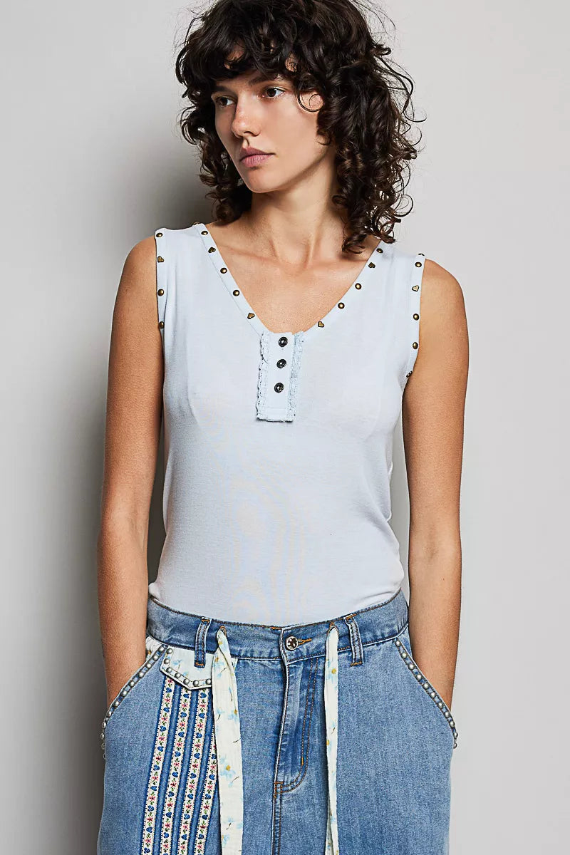 POL Studded Trim Button-Front Ruffle Detail Tank