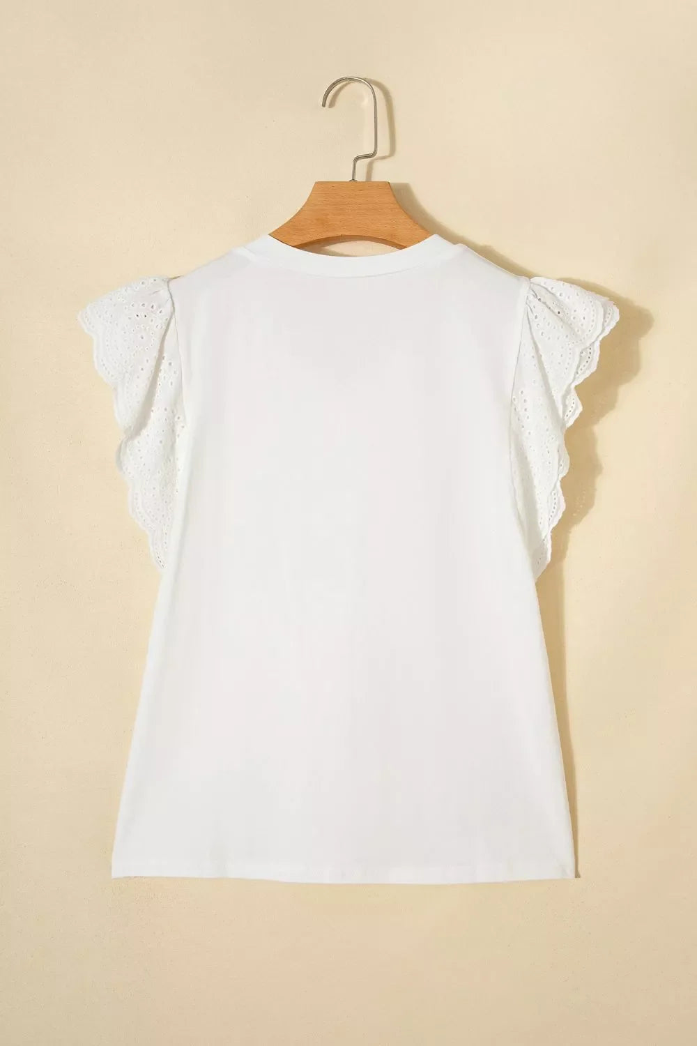 Eyelet Embroidered Flutter Sleeve Patchwork V Neck Tee
