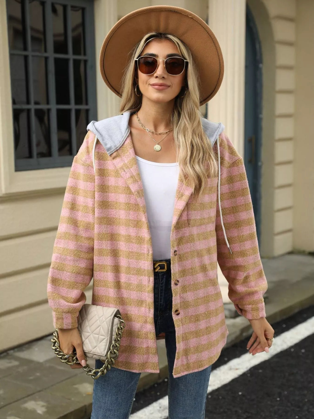 Plaid Button Up Long Sleeve Drawstring Hooded Jacket
