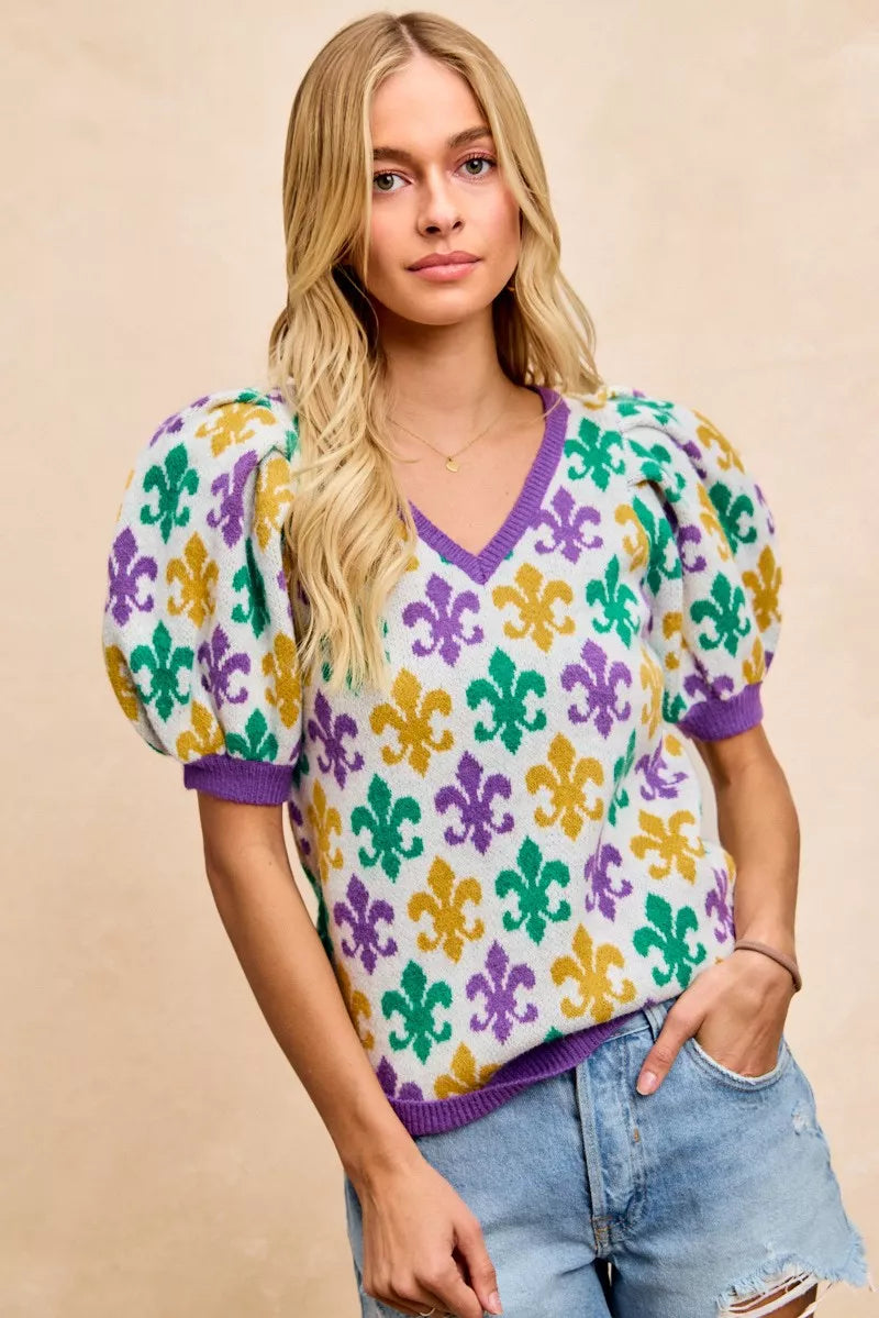 BiBi Mardi Gras Fleur De Lis Patterned V Neck Knit Top