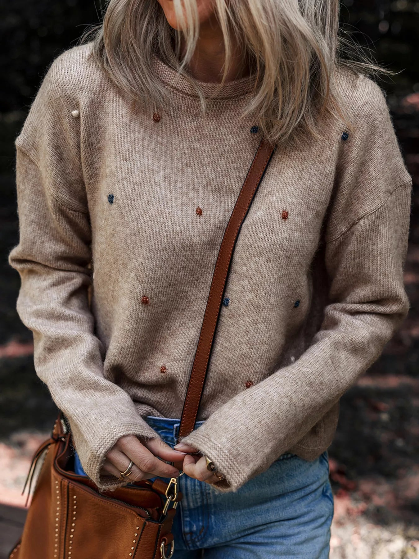 Contrast Colored Dot Detail Drop Shoulder Sweater