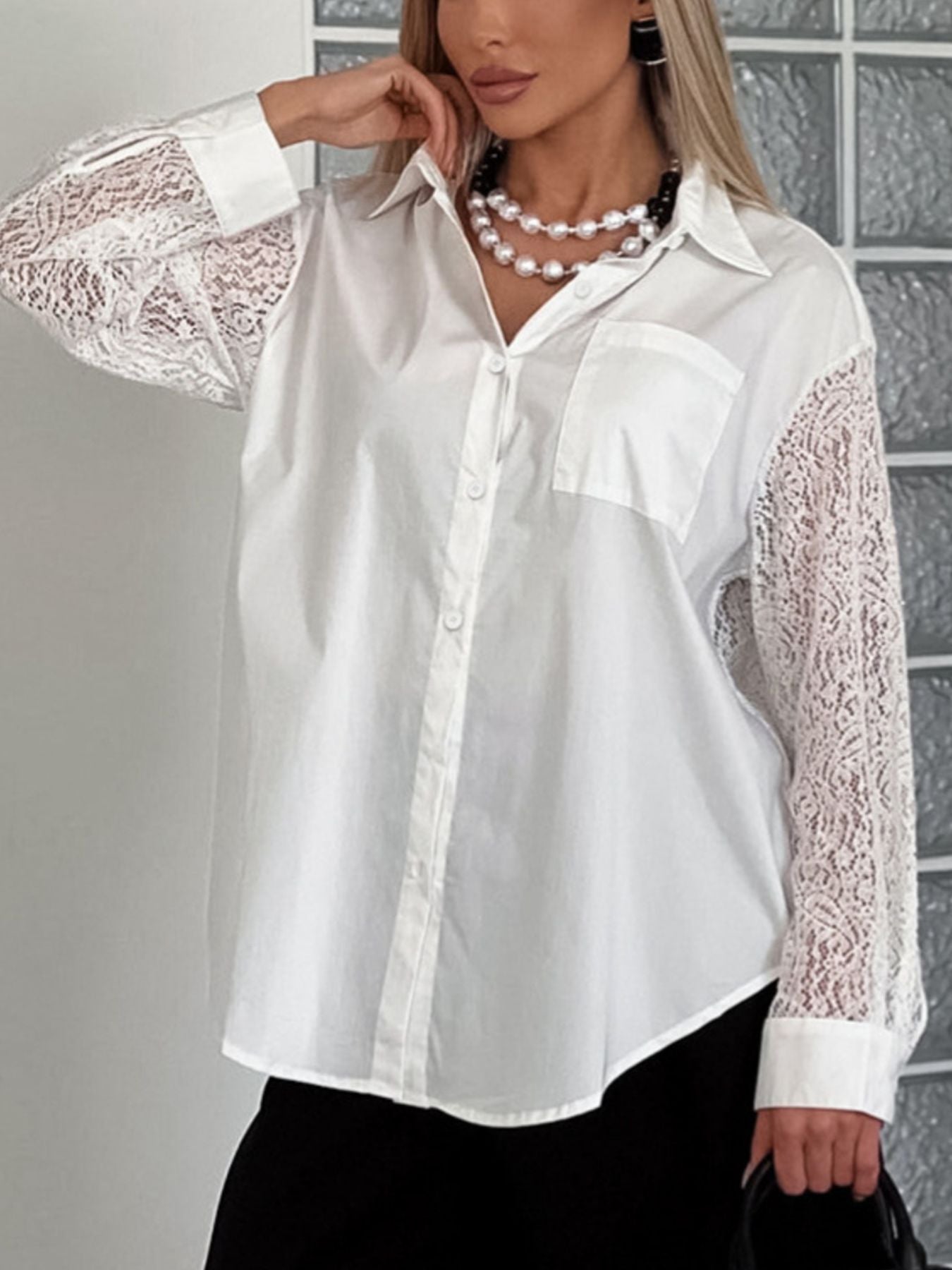 Lace Sleeve Button-Down Shirt
