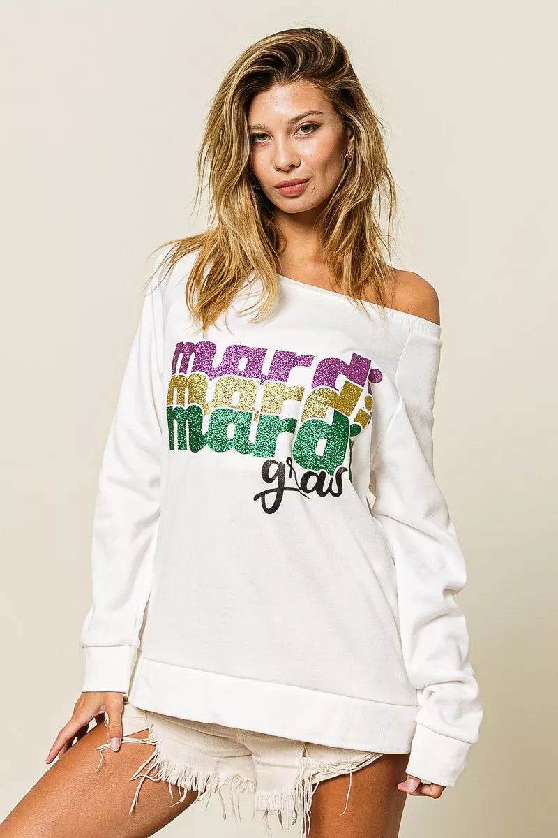 BiBi Mardi Gras Glitter Lettering Sweatshirt