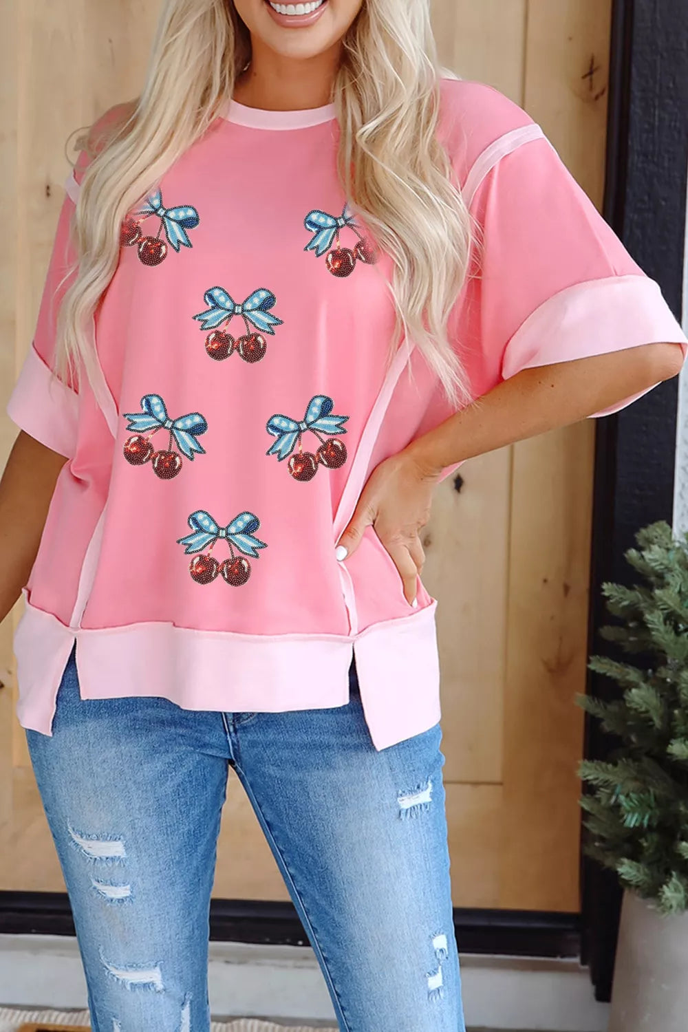 Raw Seam Color Block Sequin Cherry Graphic Casual Shift Top