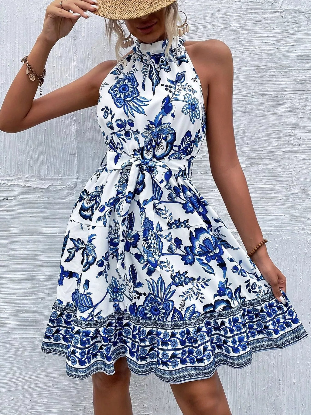 Printed Sleeveless Tie Waist Dress