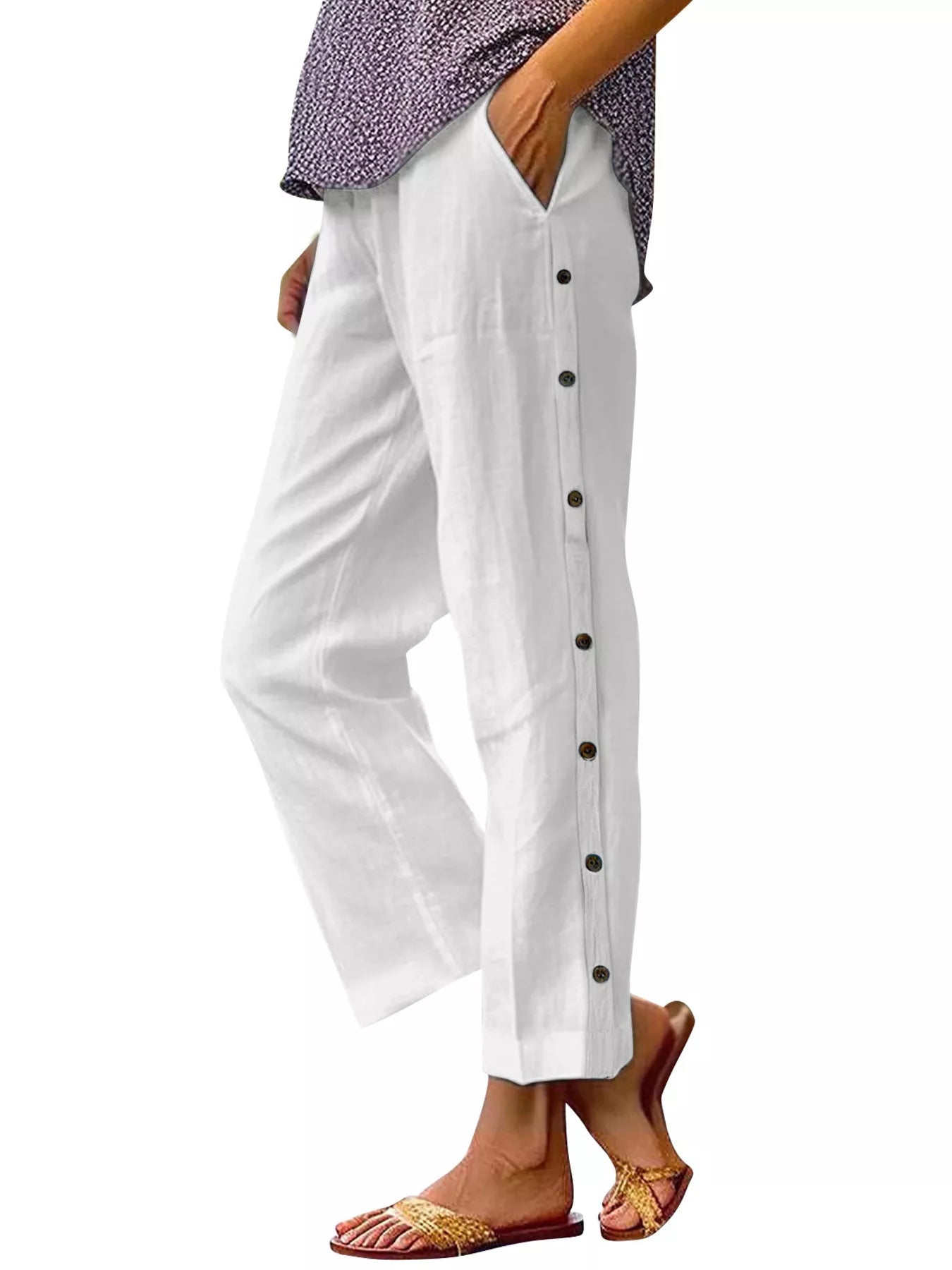 Full Size Side Button Decor Pants Plus Size