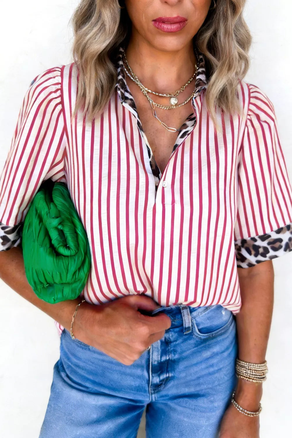 Leopard Trim Striped Button Up Shirt
