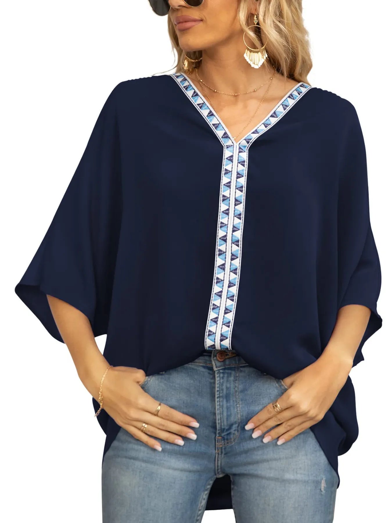 Printed Trim V-Neck Batwing Sleeve Blouse