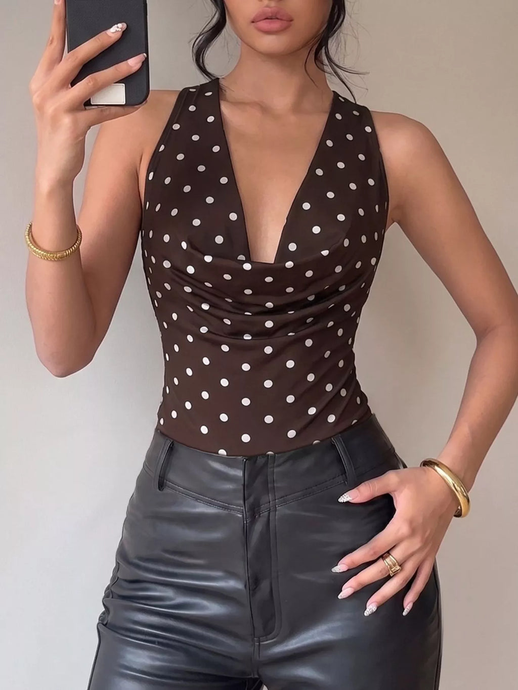 Polka Dot Cowl Neck Bodysuit