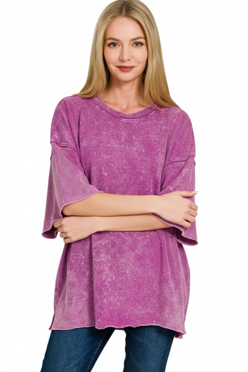 Zenana French Terry Washed Drop Shoulder Short Sleeve Top