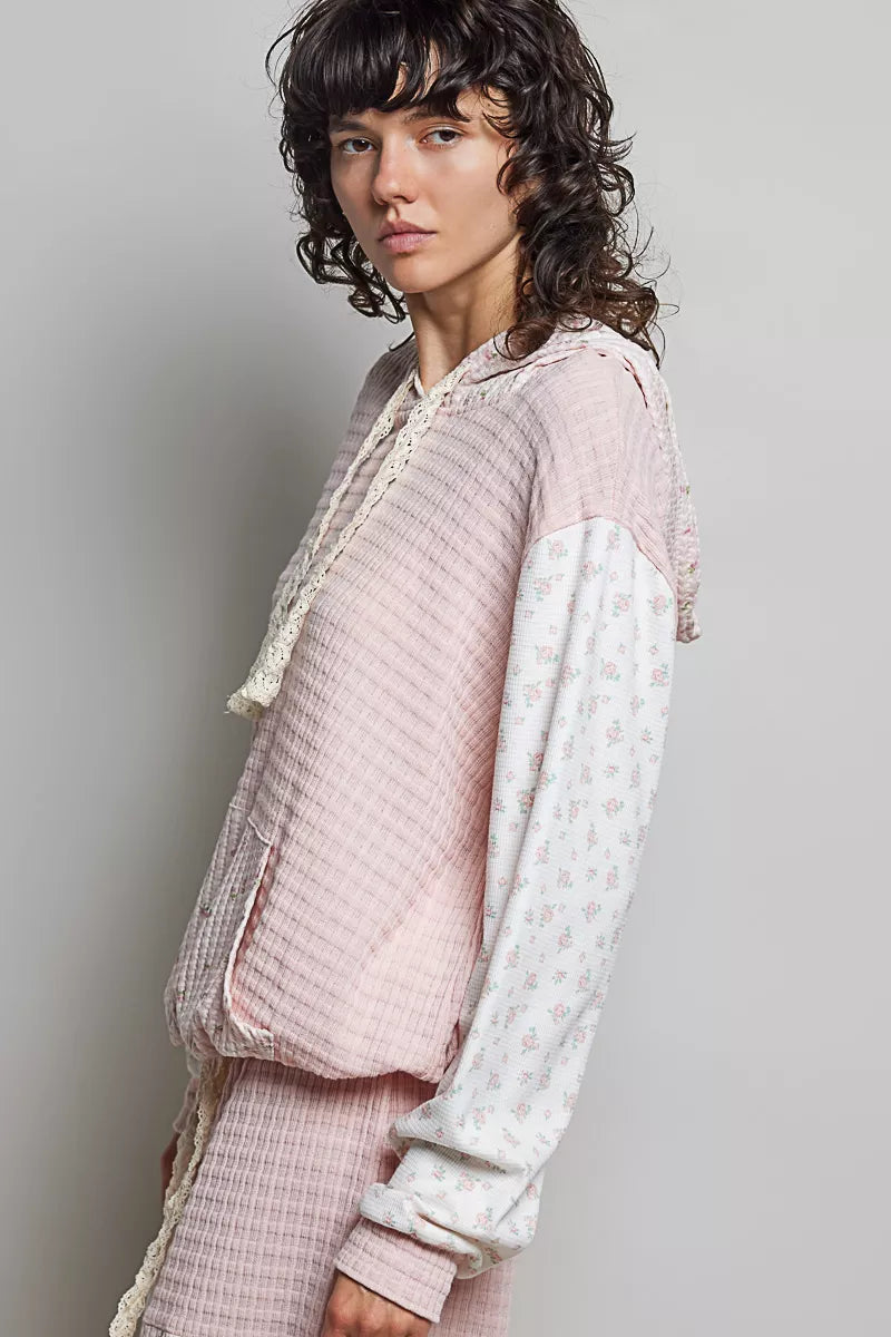 POL Mixed Knit Contrast Print Sleeve Hoodie with Kangaroo Pocket
