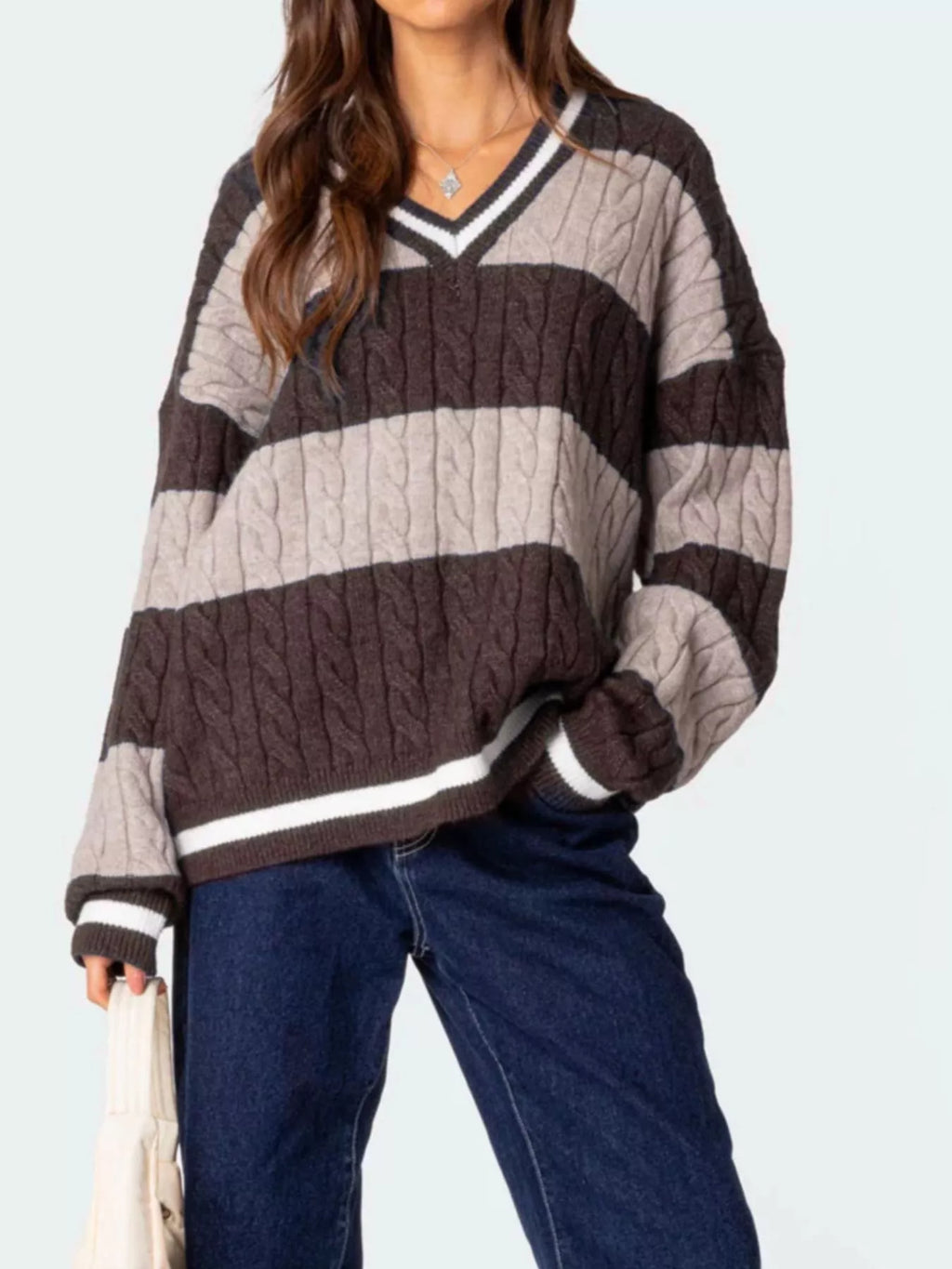 Striped Cable Knit V-Neck Sweater