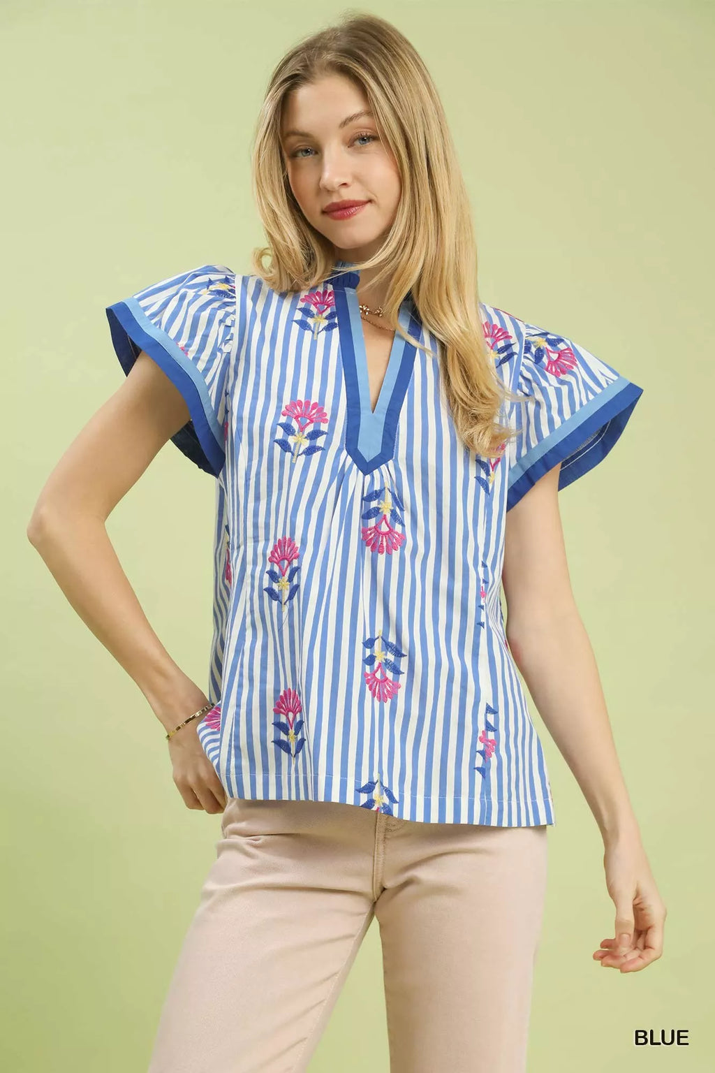 Umgee Embroidered Striped Flutter Sleeve Top