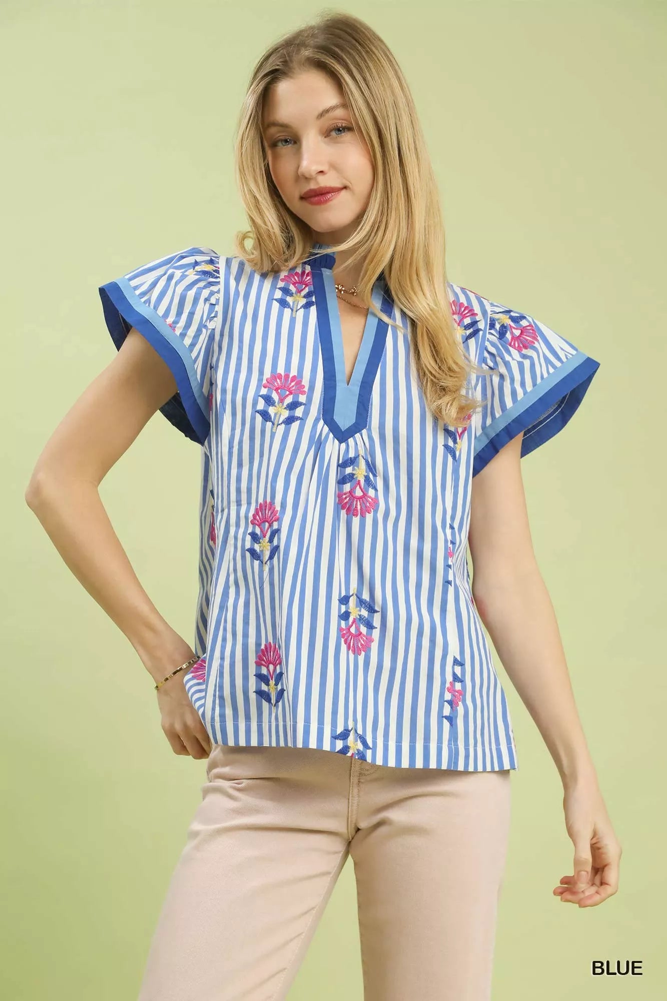 Umgee Embroidered Striped Flutter Sleeve Top