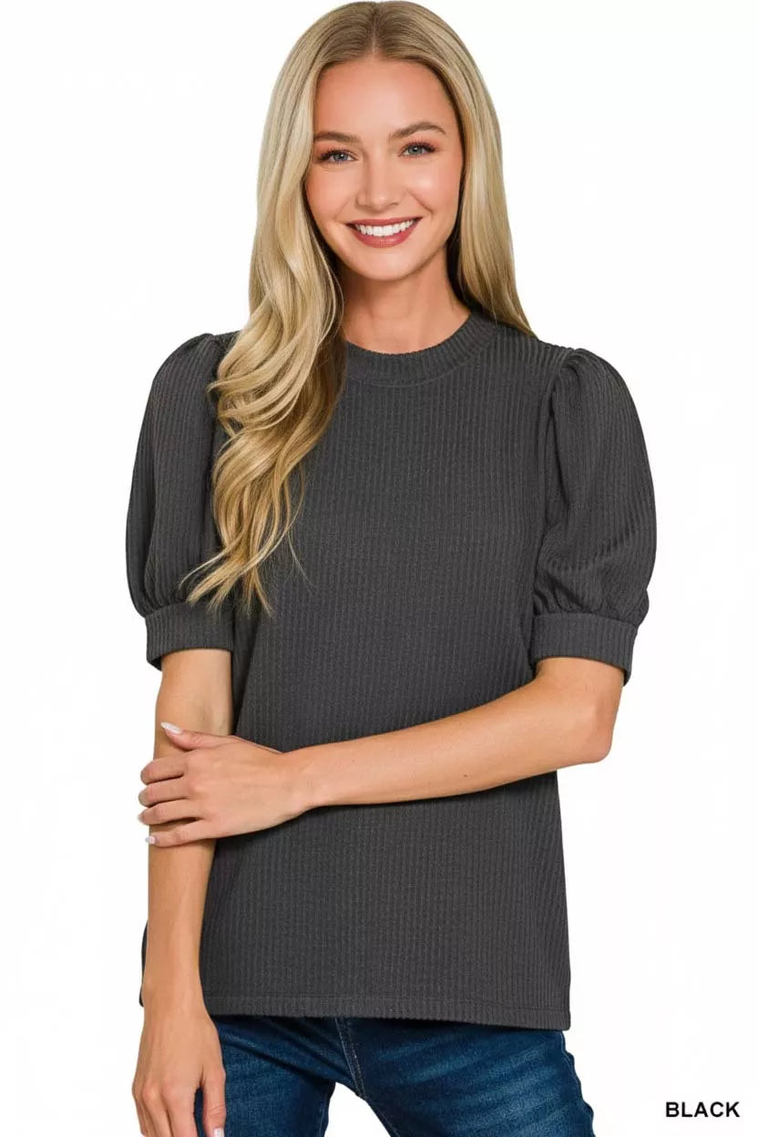 Zenana Raised Rib Puff Sleeve Top