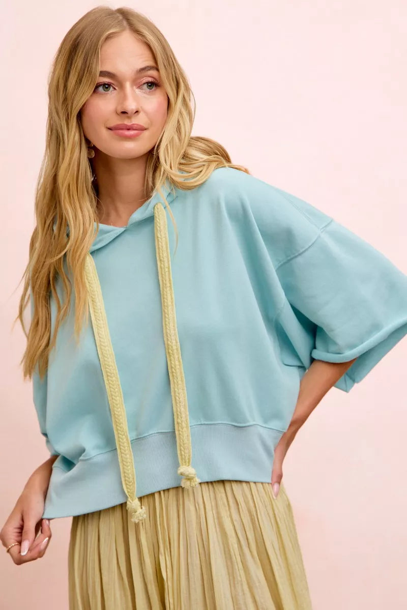 BiBi Washed Terry Short Sleeve Drawstring Hoodie Top
