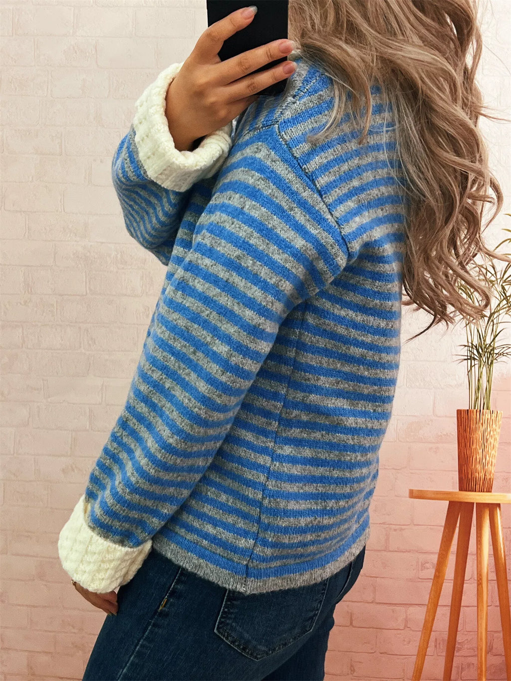 Striped Knit Button Down Cardigan with Collar