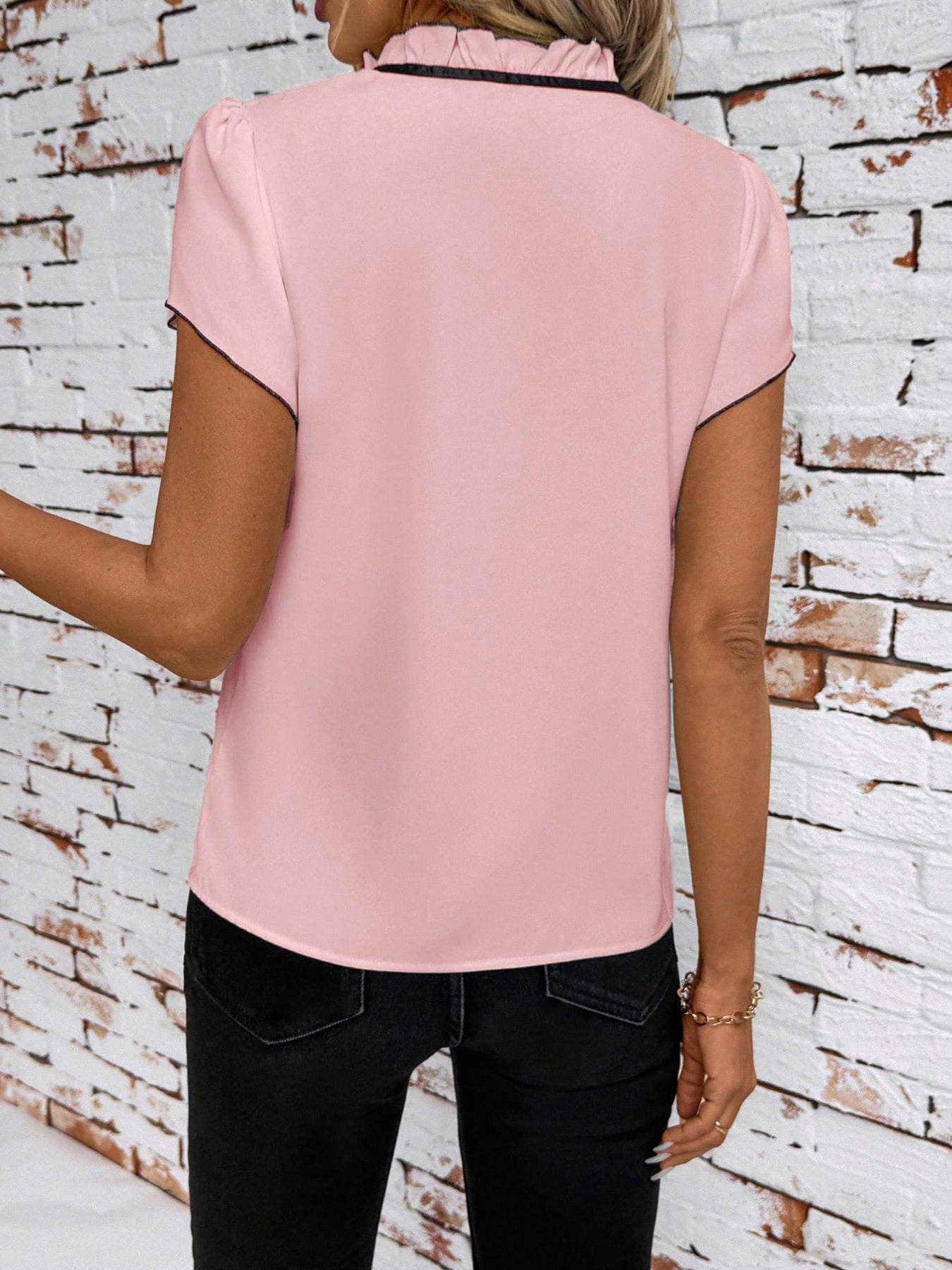Tie Neck Short Sleeve Blouse