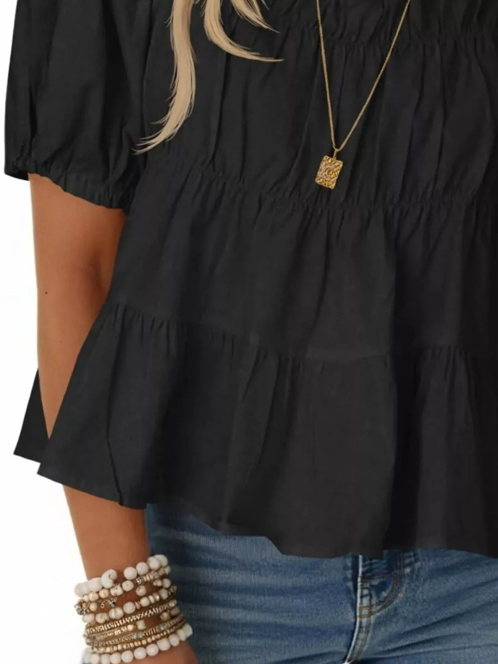 Ruched Tiered Puff Sleeve Blouse