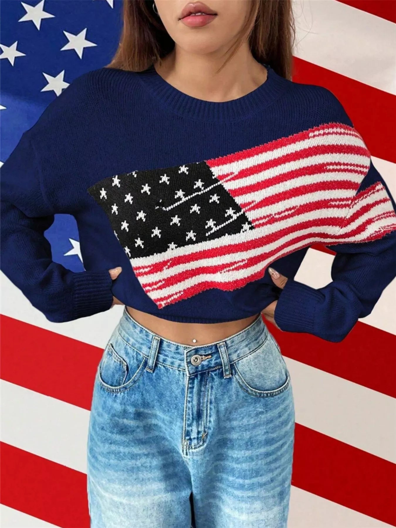 US Flag Round Neck Long Sleeve Sweater