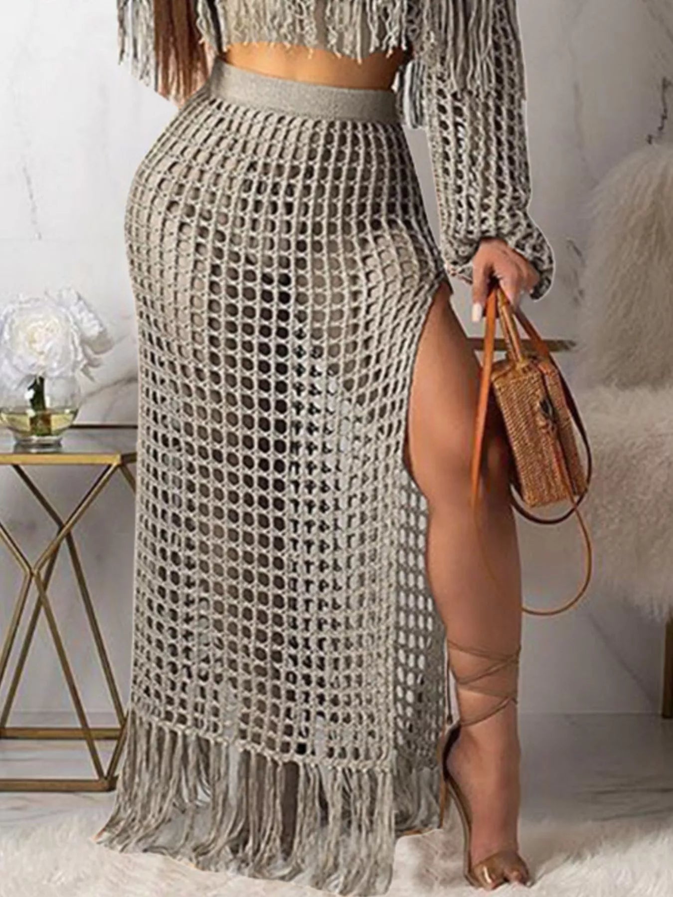 Full Size Crochet Off-Shoulder Fringe Top and Skirt Set Plus Size