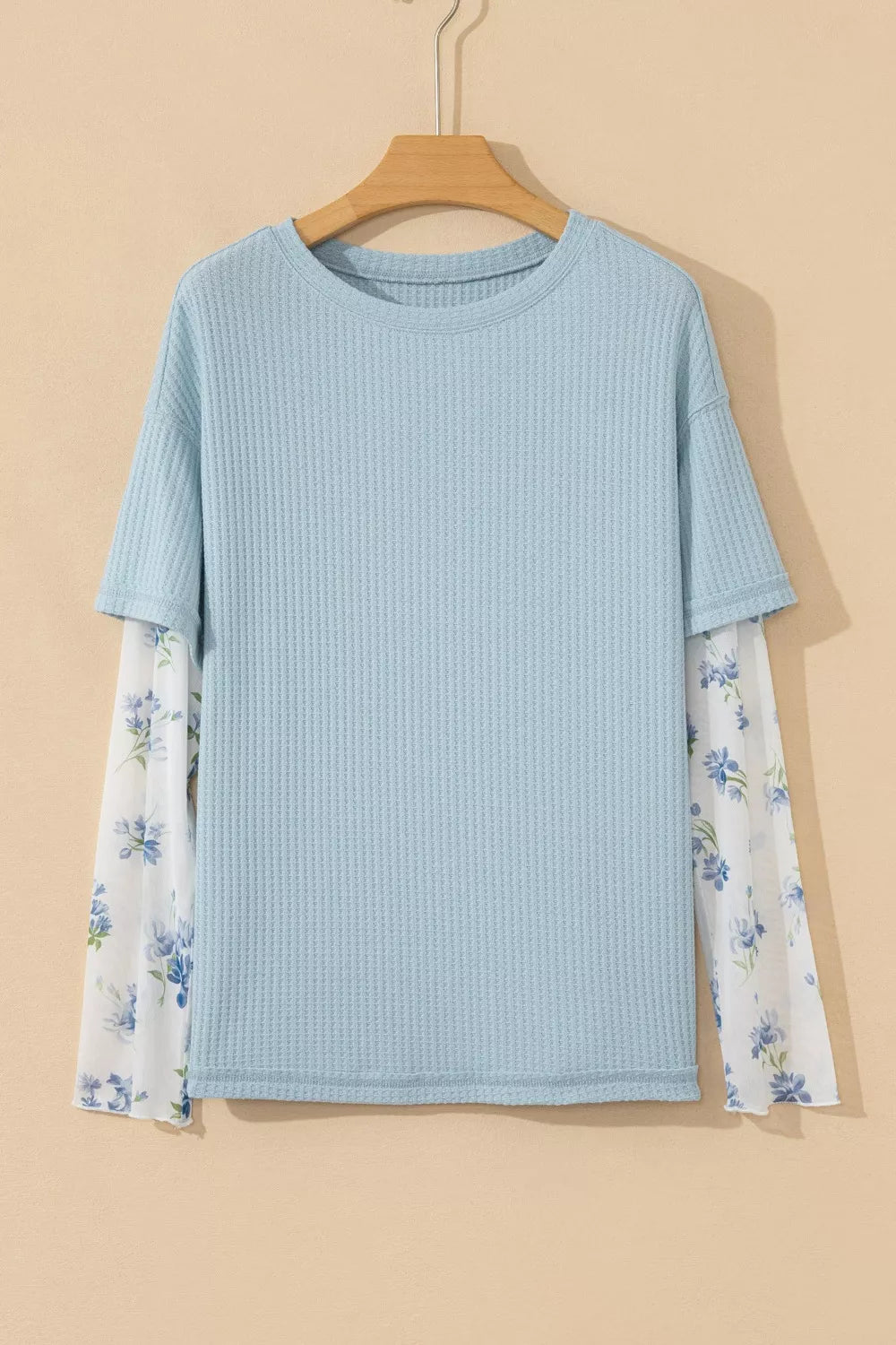 Floral Lace Sleeve Patchwork Waffle Fake Two-Piece Top