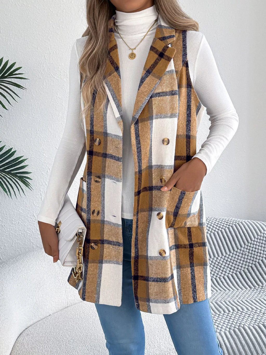 Plaid Double-Breasted Vest Coat