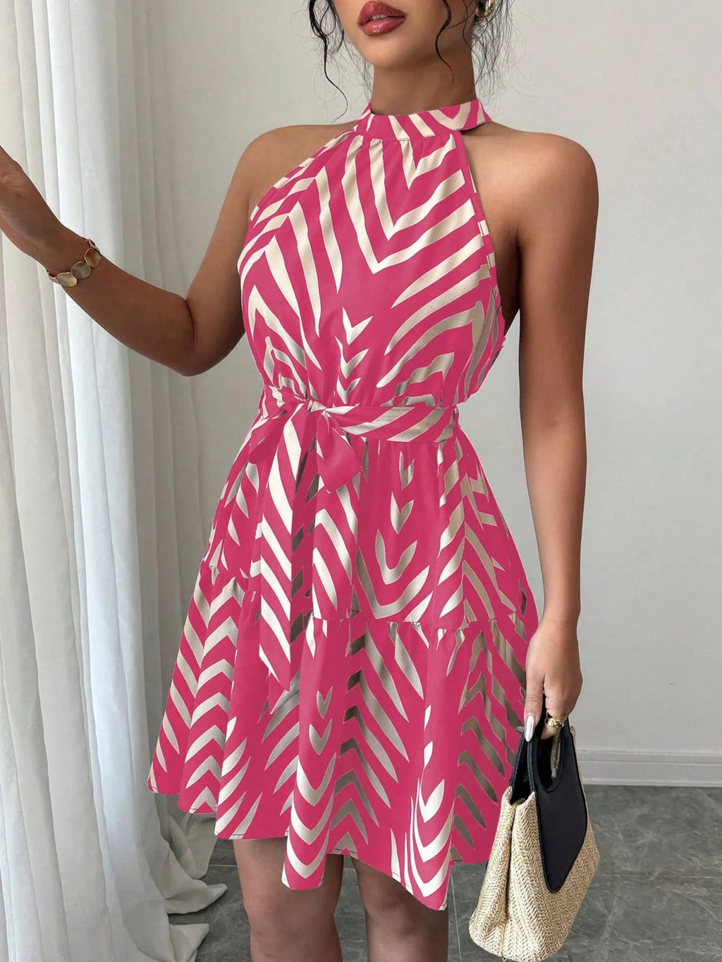 Zebra Print Halter Neck Tie Waist Ruffle Hem Dress