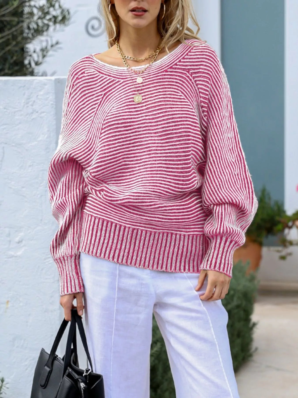 Striped Boat Neck Casual Sweater