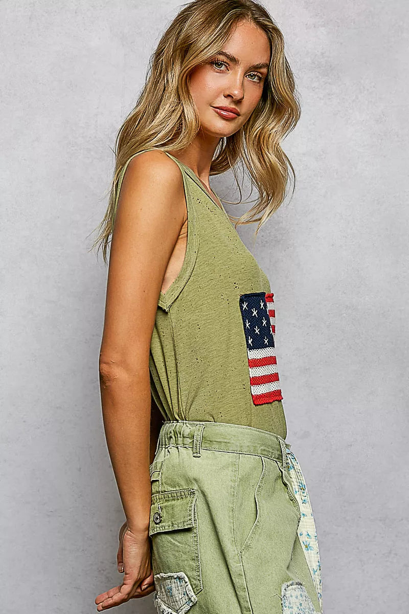 POL V-Neck Ribbed Tank with American Flag Patch and Star Back Patch