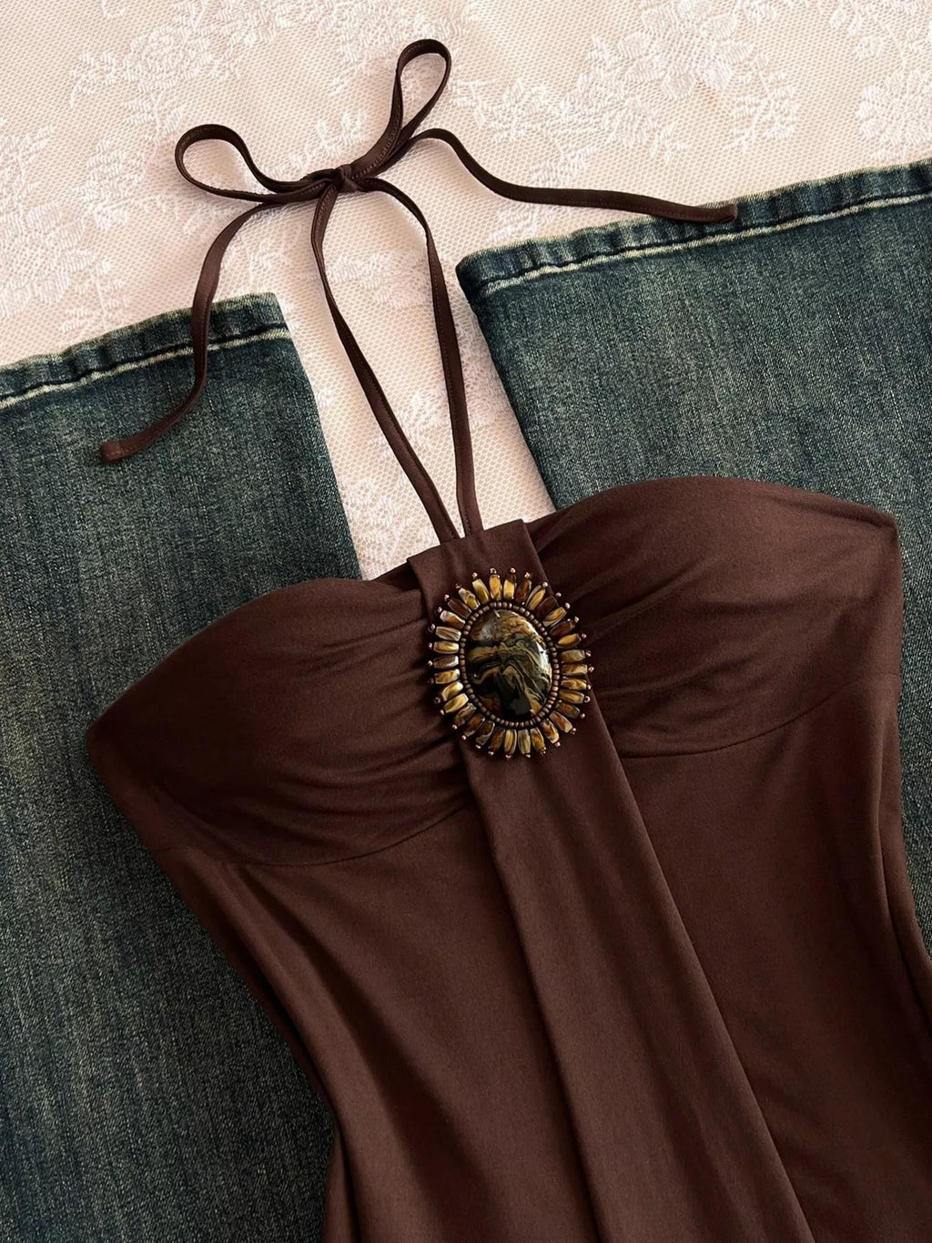 Embellished Front Halter Neck Cami