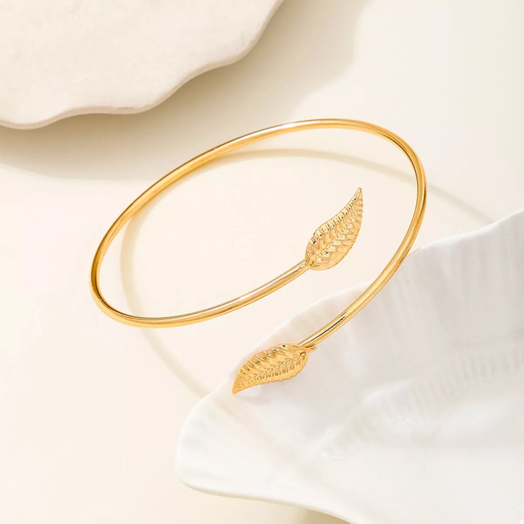 18K Gold-Plated Leaf Open Cuff Bracelet