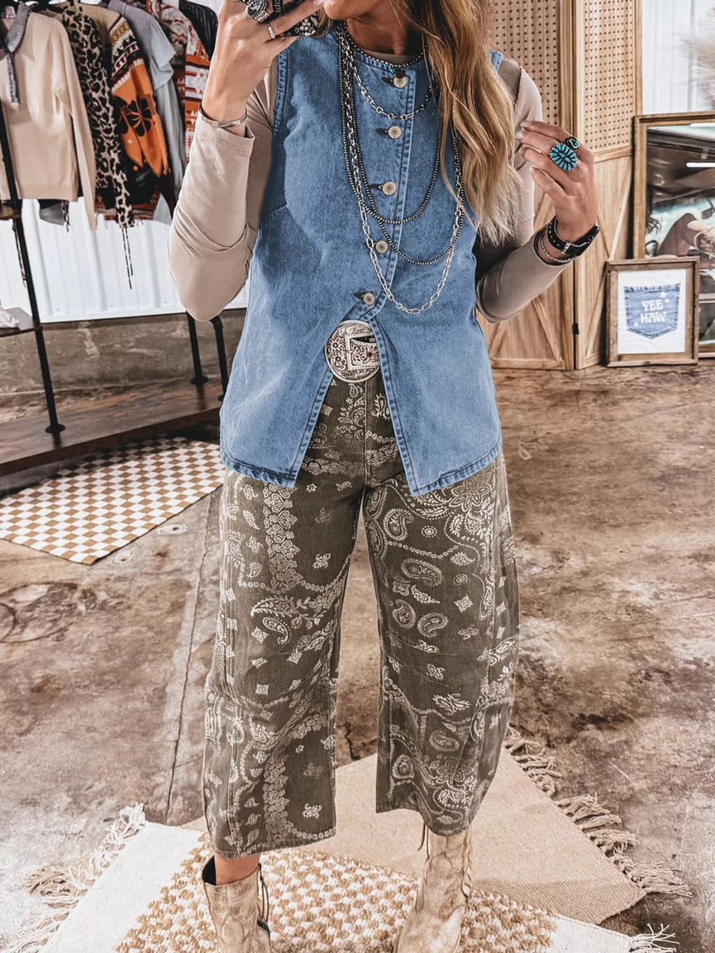 Buttoned Front Slit Denim Vest