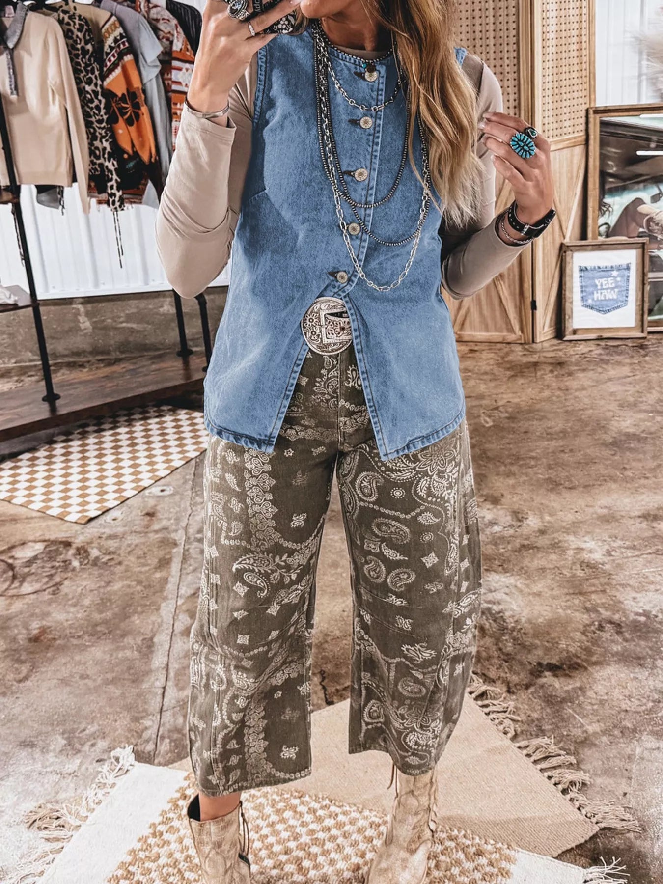 Buttoned Front Slit Denim Vest