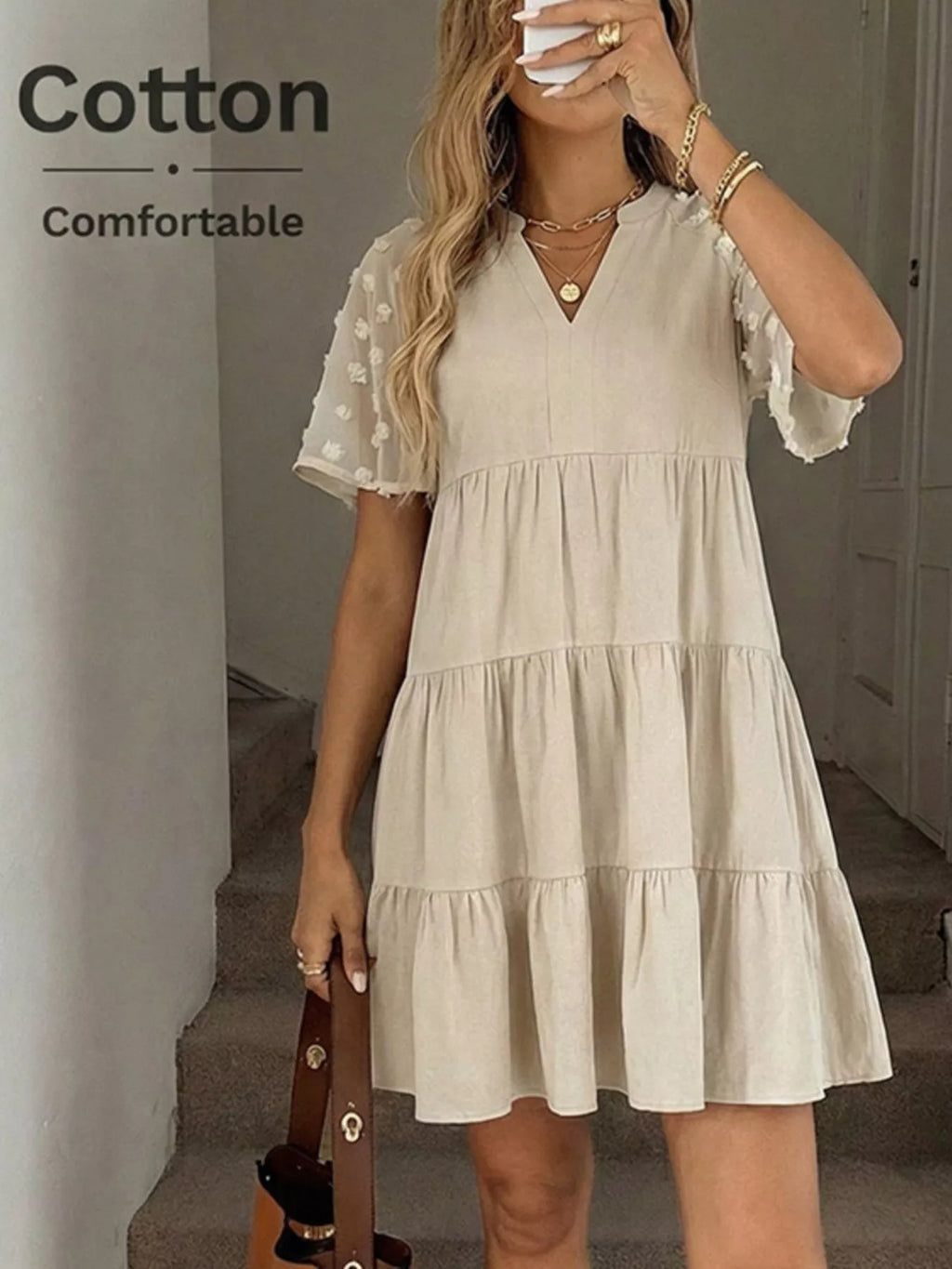 Casual Tiered Mini Dress with Swiss Dot Sleeves