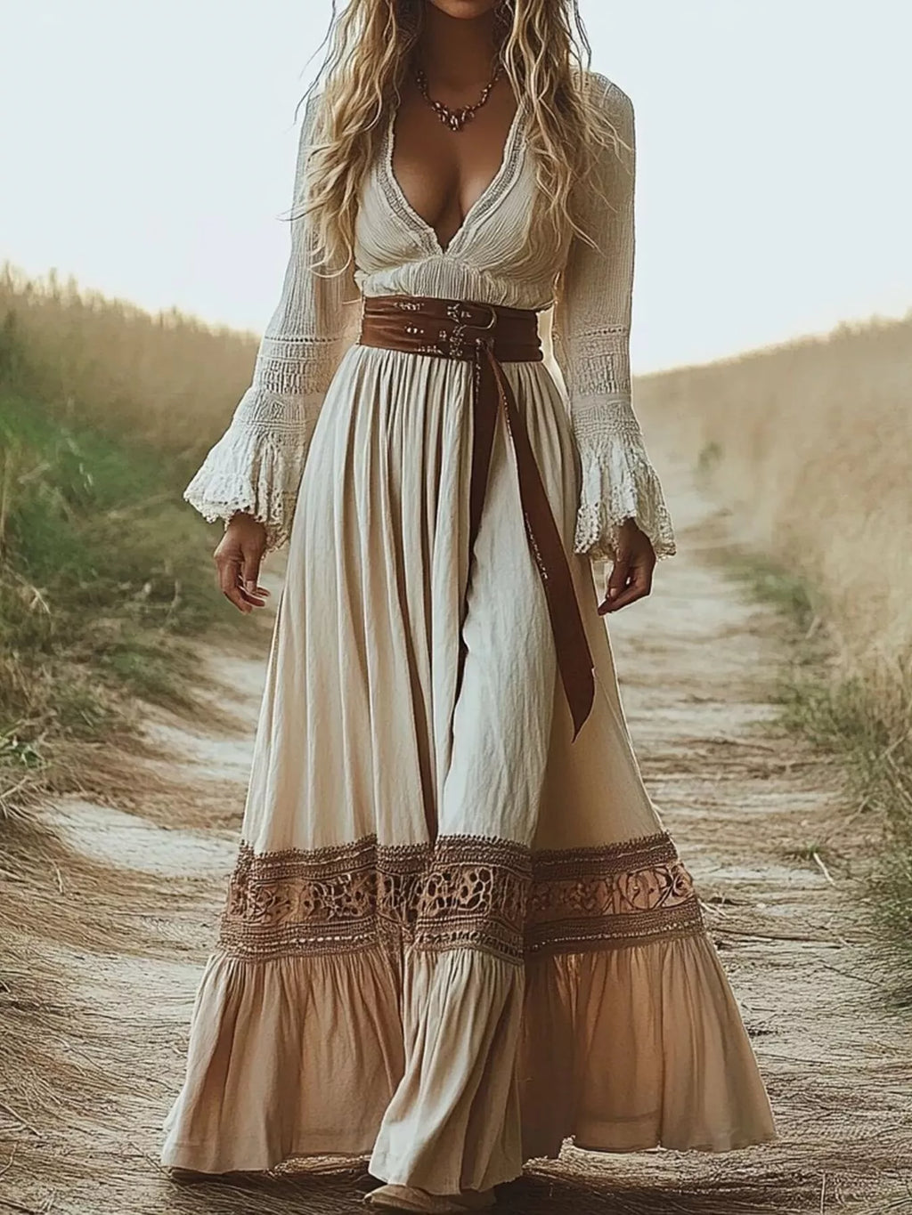 Full Size Deep-V Neck Long Sleeve Maxi Dress Plus Size