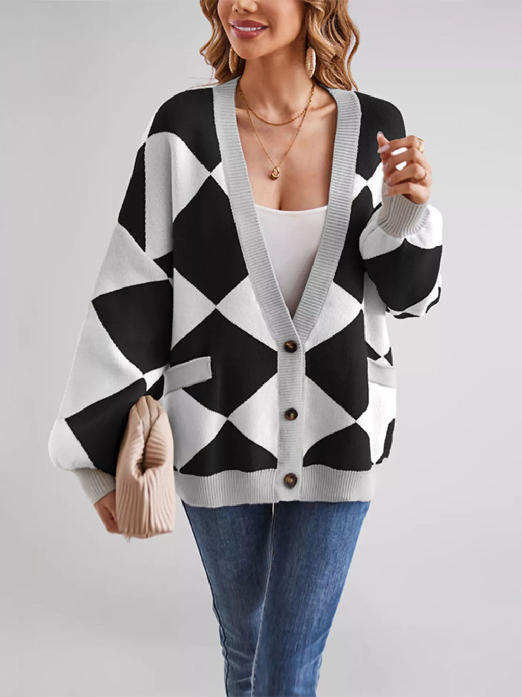 Diamond Pattern Button-Up Knit Cardigan