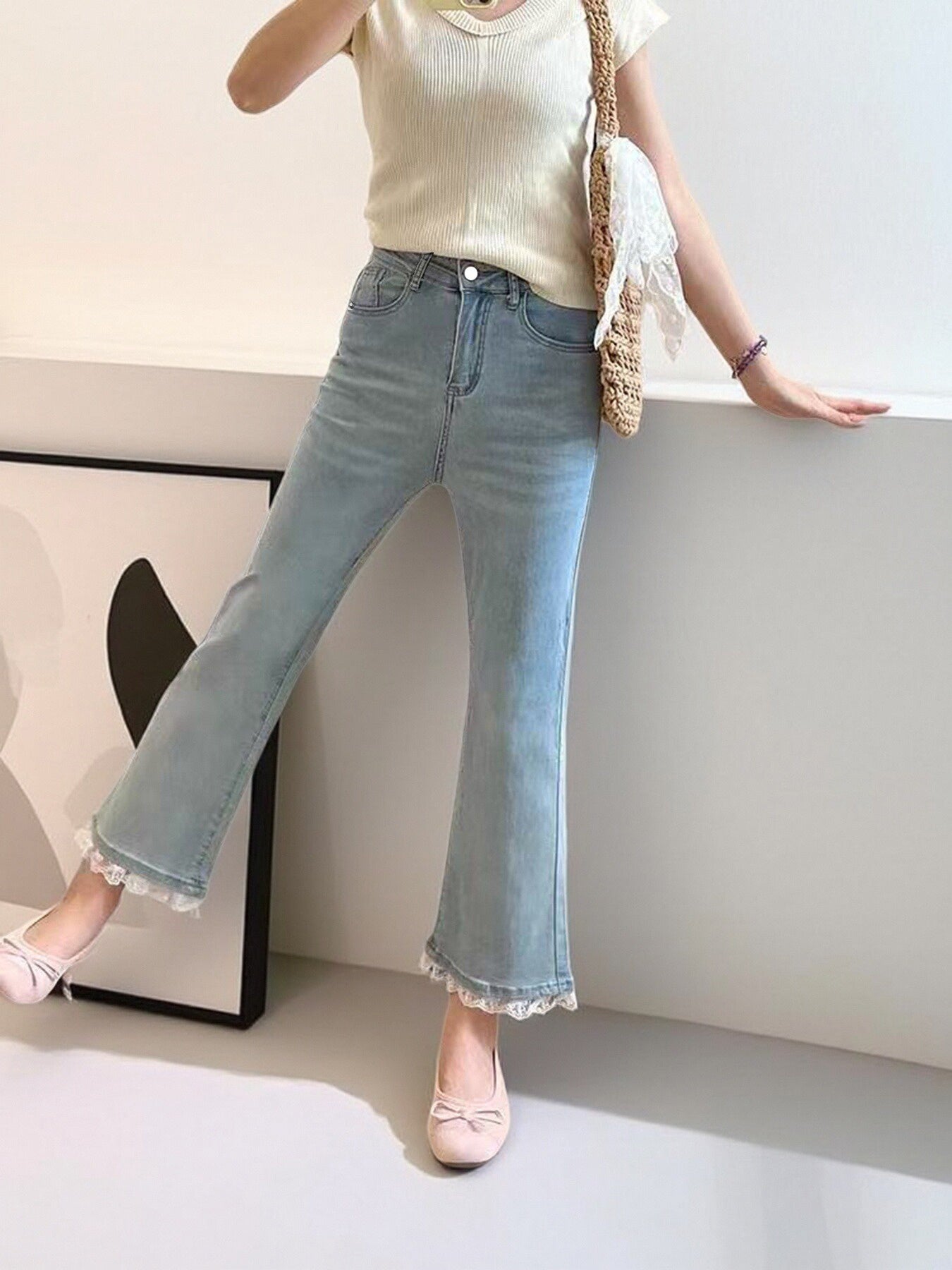 Light Blue Micro-Flare Lace Stretch Jeans for Women