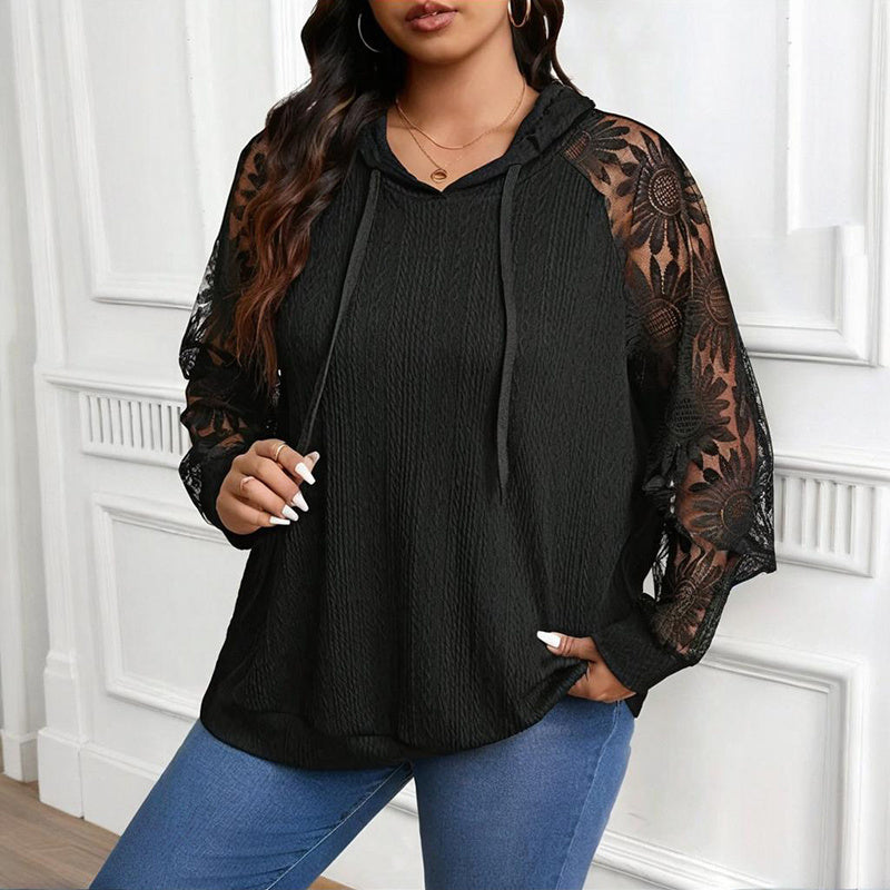 Women’s Plus Size Hoodie – Lace Long Sleeve Pullover Top