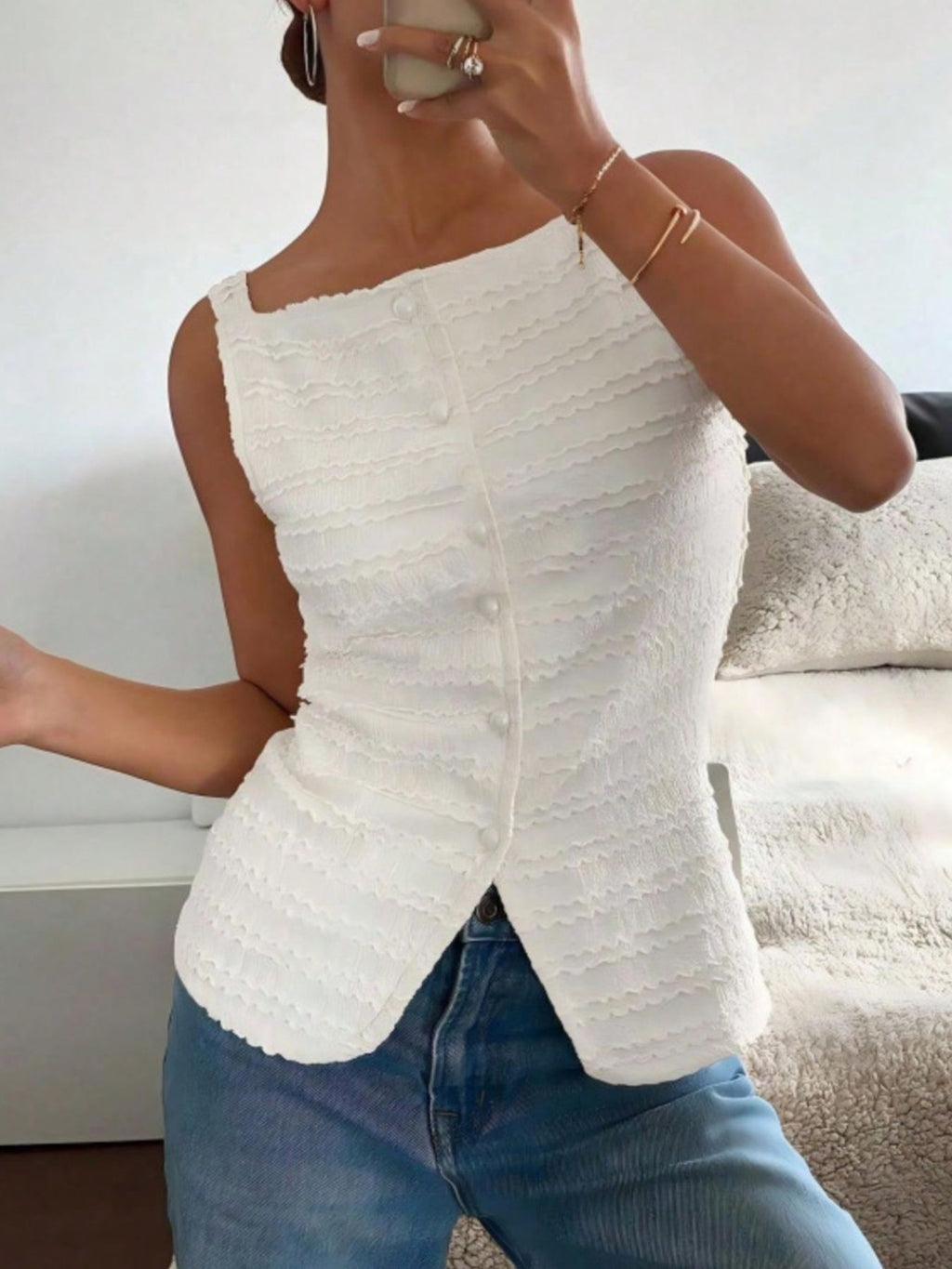 Textured Button-Front Tank