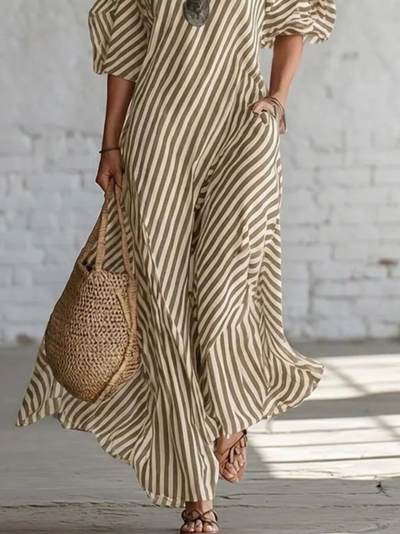Full Size Striped One-Shoulder Casual Maxi Dress Plus Size